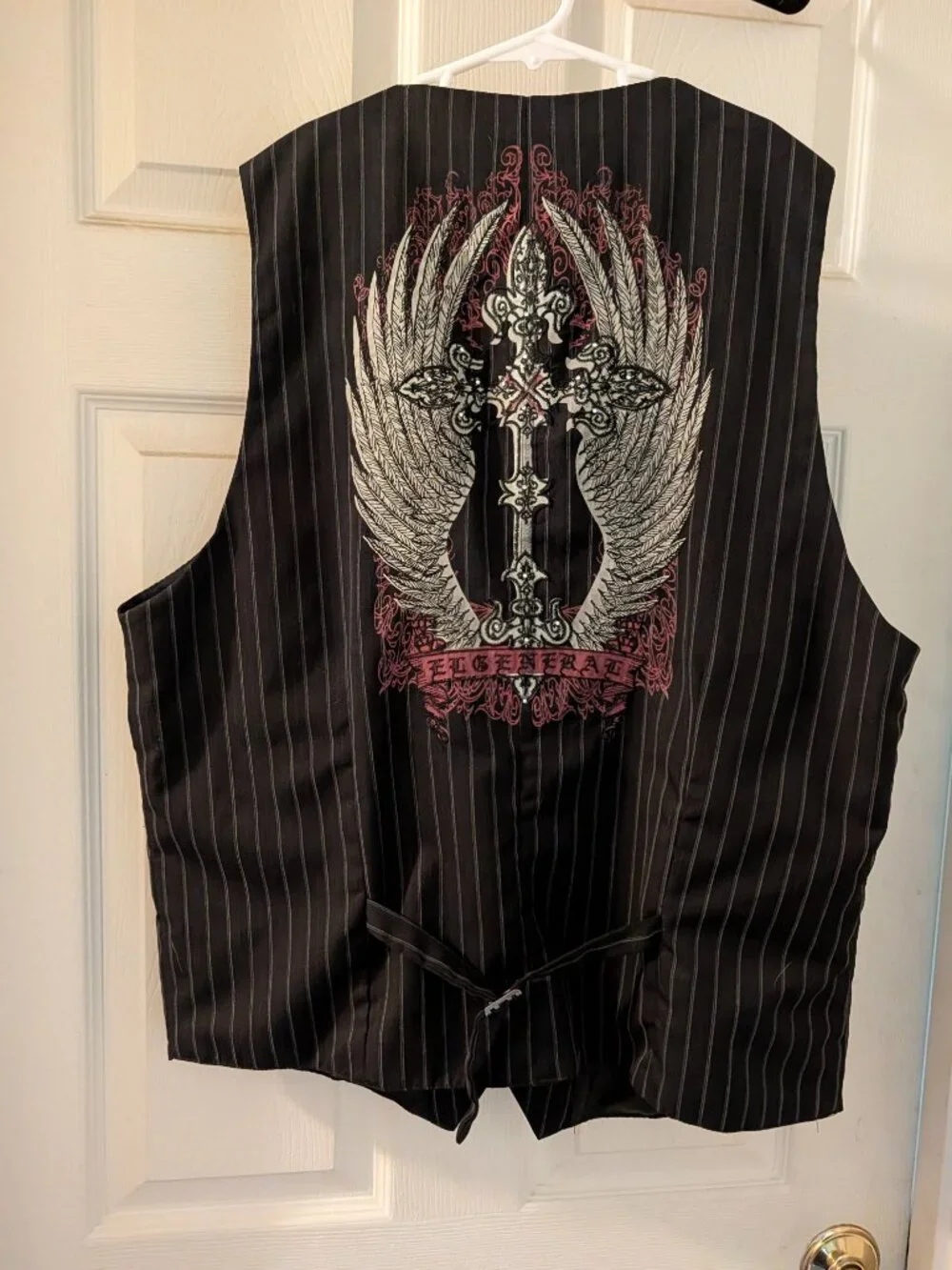 El General Boys Black Pinstripe Gothic Graphic Embroidered Vest - Size L